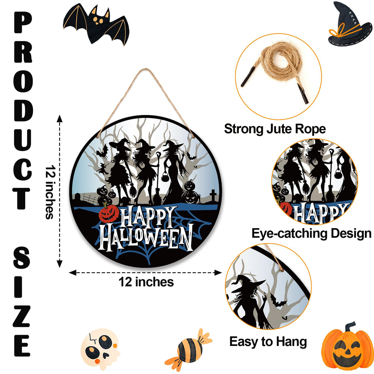 Cazhes Halloween Door Decorations - 12" Witch Welcome Sign for Front Door, Pumpkin Wooden Hanger for Home Porch Indoor Outdoor Wall Decor -B09