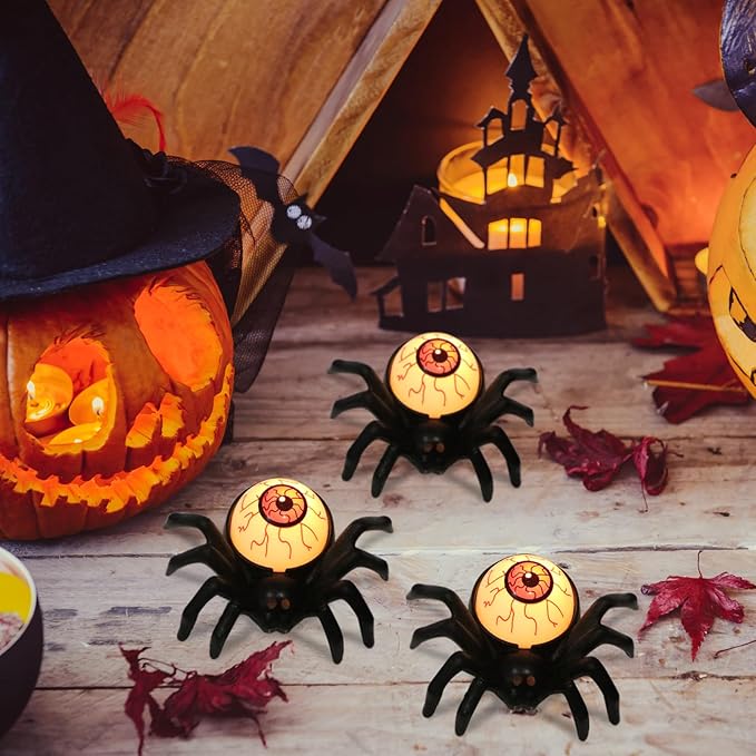 Halloween Decorations Tea Lights Candles with 6H Timer, 6 PCS Battery Operated LED Candle Spider Eyeballs Flameless Flickering Table Party Halloween Decor Indoor