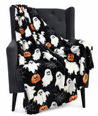 Halloween Fleece Throw Blanket: Jack O Lantern Pumpkins White Ghosts and Spiderwebs on Soft Black Velvet for Sofa, Couch, Chairs and Bed, 50" x 70"