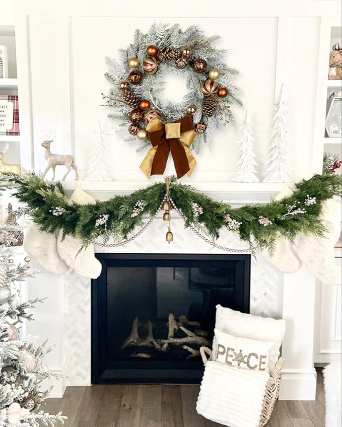 24" Christmas Wreath for Front Door Artificial Unlit Winter Wreath with Pine Cones, Berry Clusters, Bronze Ball Ornaments and Ribbon for Thanksgiving Holiday Christmas Decoration