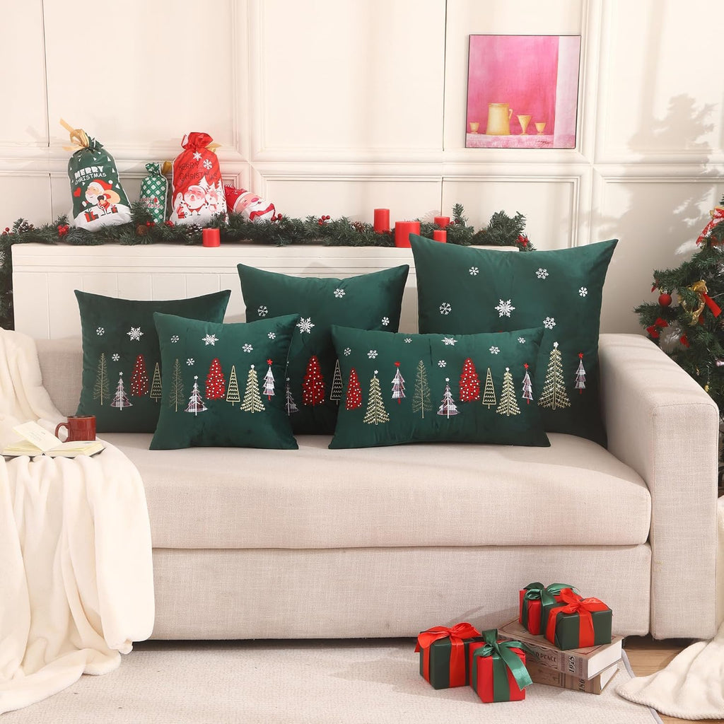Tosleo Christmas Embroidery Throw Pillow Covers 20 x 20 inch Set of 2 Christmas Decor Velvet Pillowcases Forest Green Xmas Trees Cushion Pillow Cases Soft Square Holiday Pillowcase