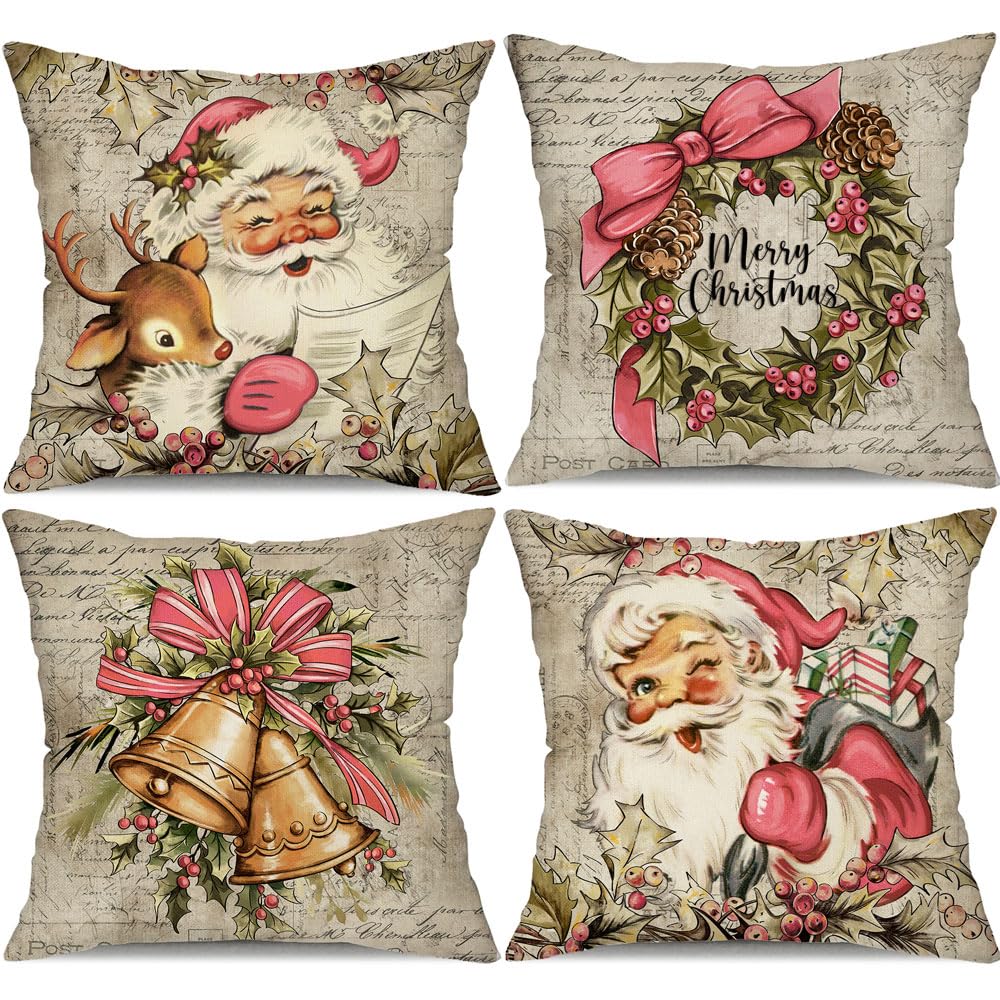 DFXSZ Christmas Pillow Covers 18x18 inch Set of 4 Pink Santa Claus Reindeer Decorative Vintage Throw Pillow Covers Winter Retro Farmhouse Decoration for Home Couch BTHZ-140E18