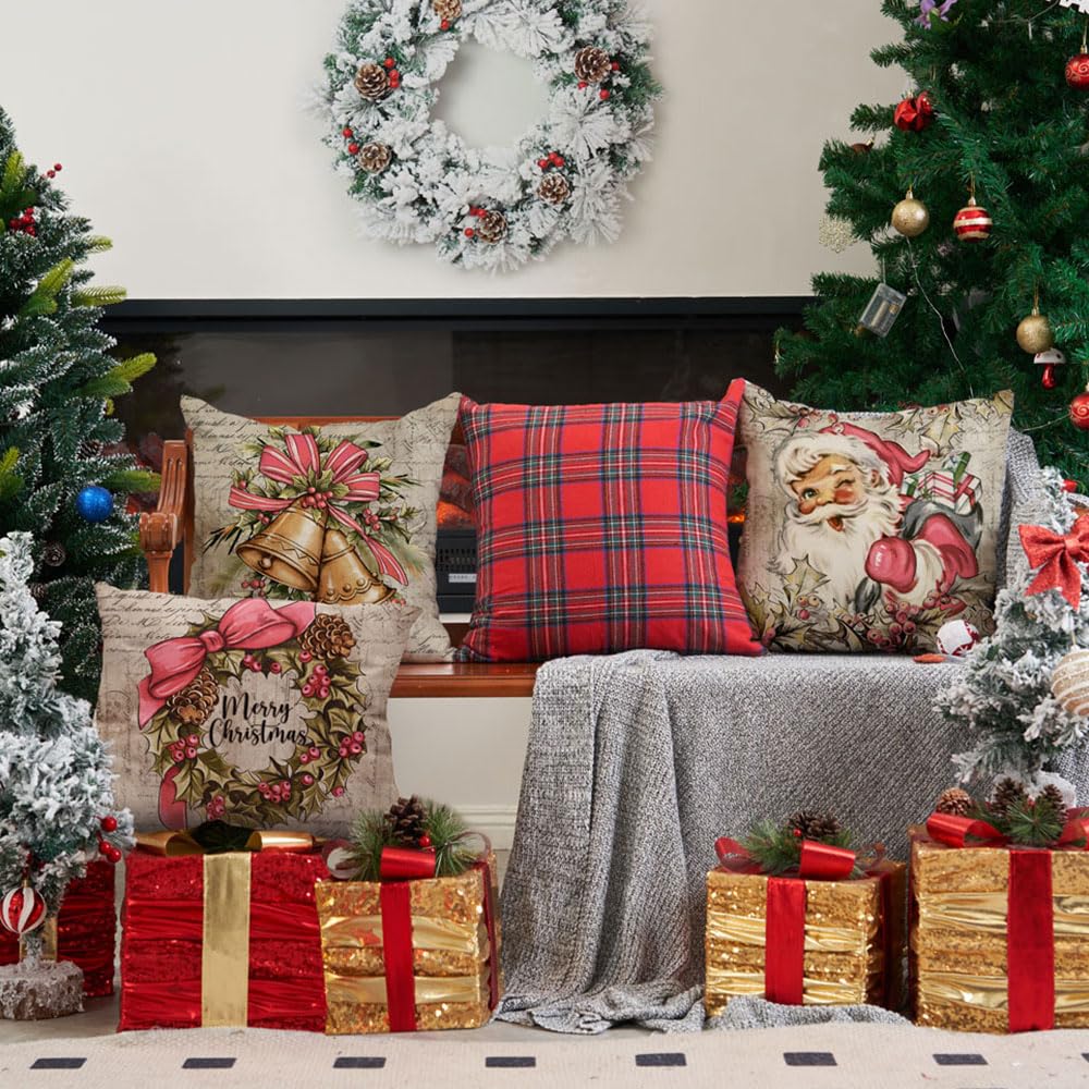 DFXSZ Christmas Pillow Covers 18x18 inch Set of 4 Pink Santa Claus Reindeer Decorative Vintage Throw Pillow Covers Winter Retro Farmhouse Decoration for Home Couch BTHZ-140E18