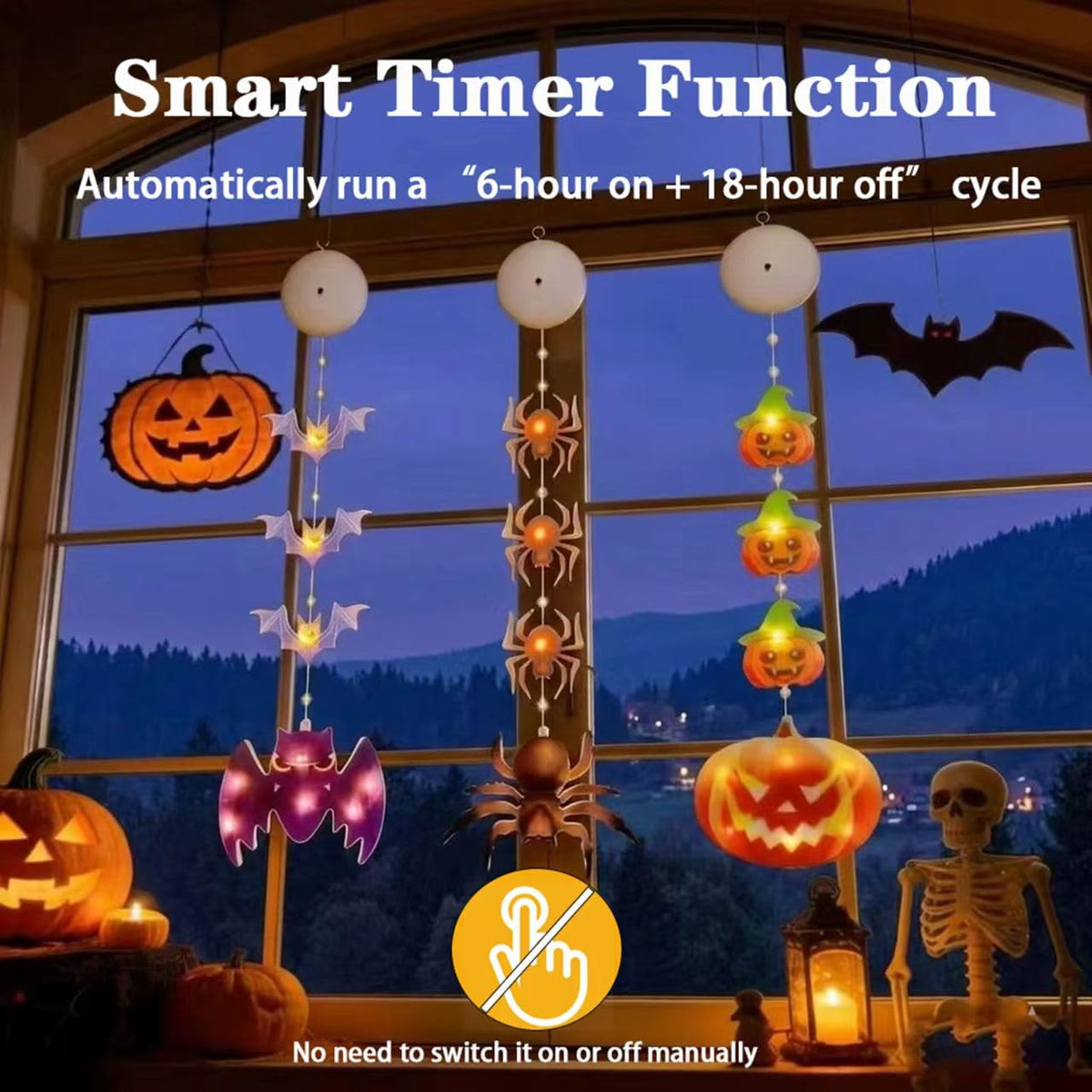 3PCS Halloween Lights, Battery-Powered Decorative Lights Featuring Pumpkin Bats Spiders with Timer, Window Lights with Suction Cups，Holiday Window Decorations for Indoor Home Party Decor (Multicolor)