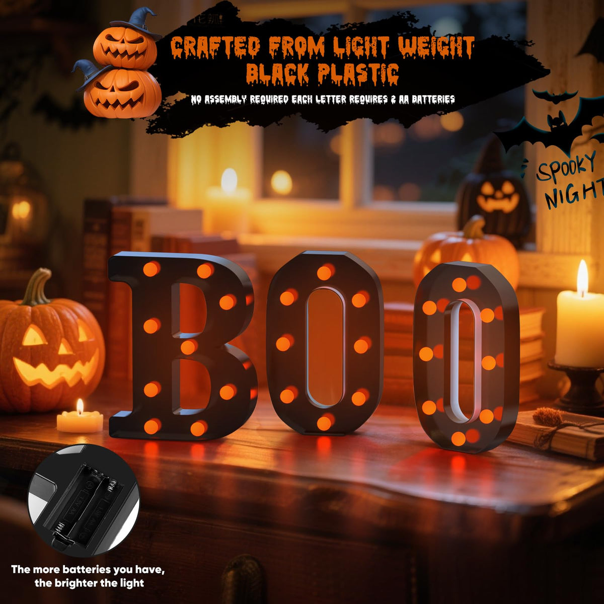 Halloween Decor,3 LED Light Up Marquee Letters Boo Sign,Cute Fall Halloween Decorations for Party,Tabletop,Mantel,Kitchen,Bathroom,Bedroom,Desk,Window,Porch,Office,Wall,Fireplace,Home,Indoor,Outdoor