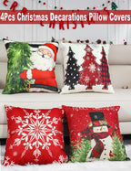 Double-Sided Print Christmas Pillow Covers 16''x16'', Set of 4, 8 Christmas Patterns Christmas Tree, Snowman, Snowflakes, Merry Christmas, Deer, Santa Claus,Truck, Let It Snow, Soft Linen Material