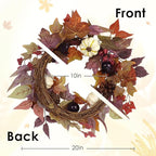 Fall Wreaths for Front Door Outside Decor, 20" Berries Brown Maple Leaves Pumpkins Wreath Decorations with Bow and Hanging Sign for Thanksgiving Home Outdoor Indoor Porch Harvest Autumn