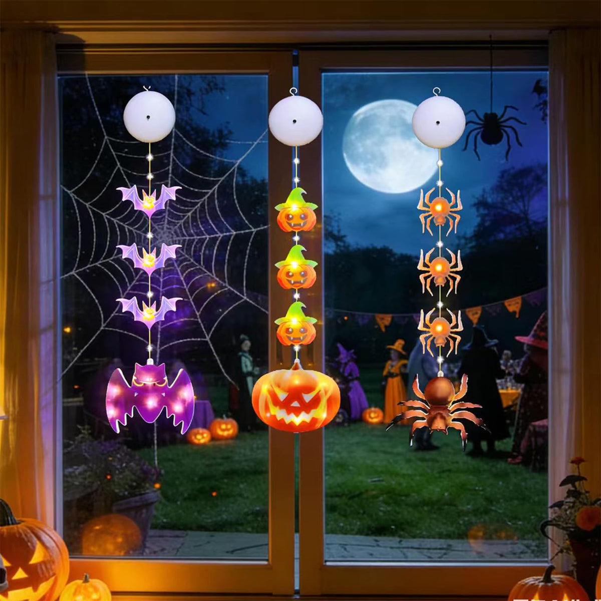 3PCS Halloween Lights, Battery-Powered Decorative Lights Featuring Pumpkin Bats Spiders with Timer, Window Lights with Suction Cups，Holiday Window Decorations for Indoor Home Party Decor (Multicolor)