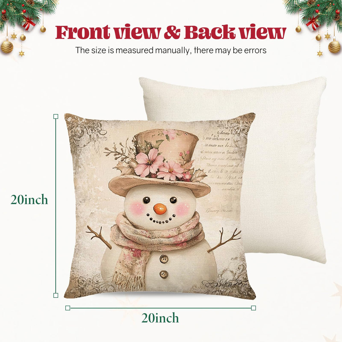 Christmas Throw Pillow Covers 20x20 Inch Set of 4, Vintage Winter Holiday Snow Globe Gingerbread Xmas Trees Snowman Decorative for Couch Sofa Living Room