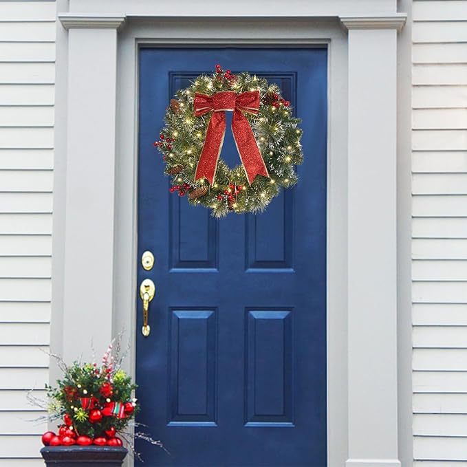 DiliComing 16-Inch Pre-Lit Winter Wreath - Large Christmas Door Wreath, Front Door & Window Decorations