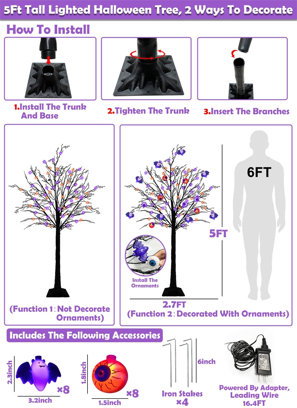Timer - 5FT Orange & Purple Black Halloween Tree with 64 LED & 8 Bats & 8 Eyeballs DIY Ornaments, Halloween Decorations Outdoor Black Spooky Trees for Indoor Home Yard Porch Holiday Party Lawns Decor