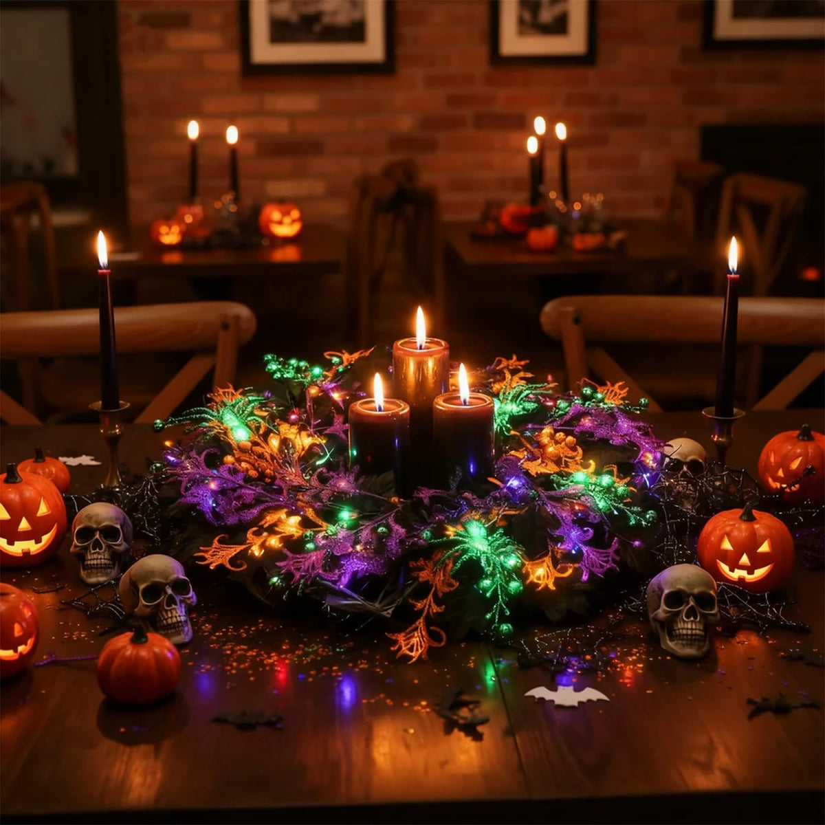 Enhon 16 Inch Halloween Wreath for Front Door with 40 LED Lights, Multicolor Halloween Door Wreath Decorations for Home Porch Table Centerpiece Window Party Holiday Wall Decor(Maple Leaf Style)