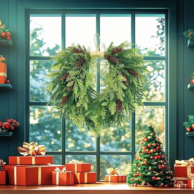 20 inch Christmas Wreath for Front Door- Indoor and Outdoor, Artificial Christmas Wreath Decorated with Pine Cones and Cypress Trees, Rural Farmhouse Holiday Wreath Decoration