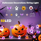 Halloween String Lights, 16 ft 50 LED Pumpkin Bat Eyes Ghost Battery Operated Lights for Lawns Garden Outdoor Holiday Party Halloween Decorations (1 Pack)