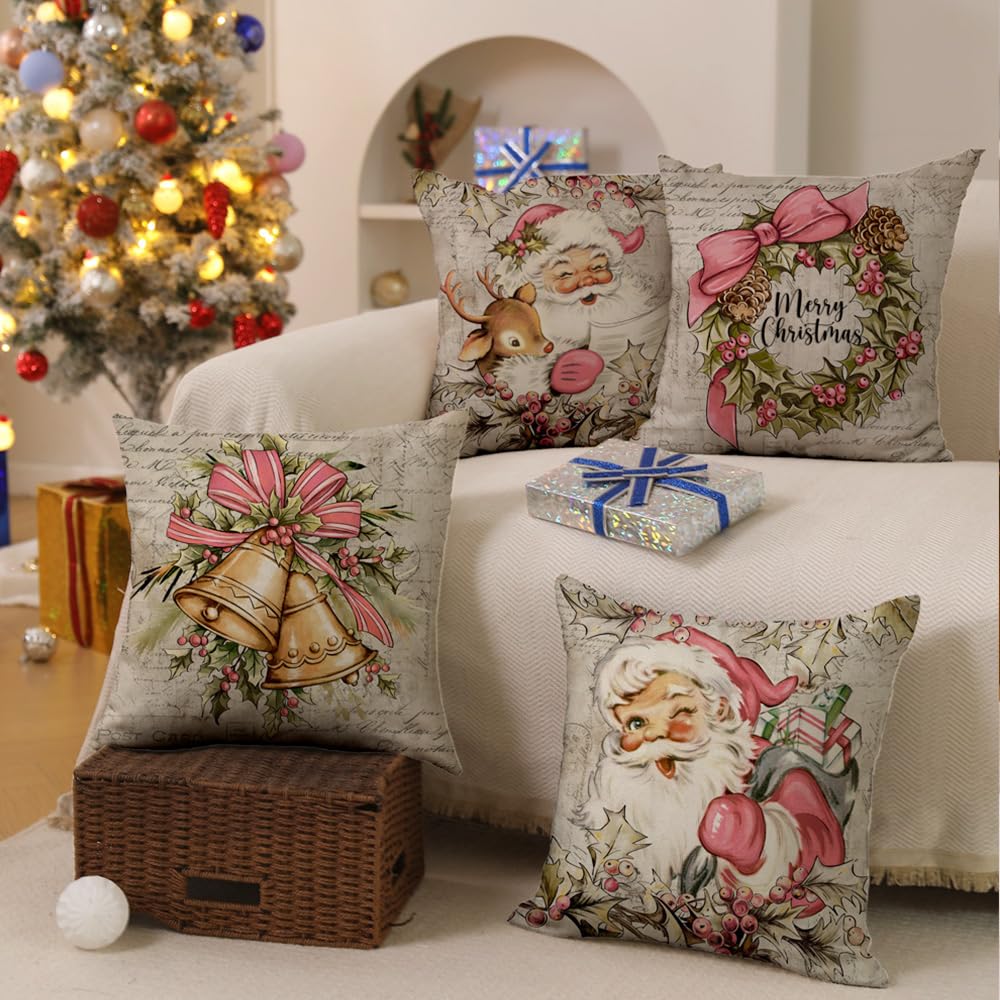 DFXSZ Christmas Pillow Covers 18x18 inch Set of 4 Pink Santa Claus Reindeer Decorative Vintage Throw Pillow Covers Winter Retro Farmhouse Decoration for Home Couch BTHZ-140E18