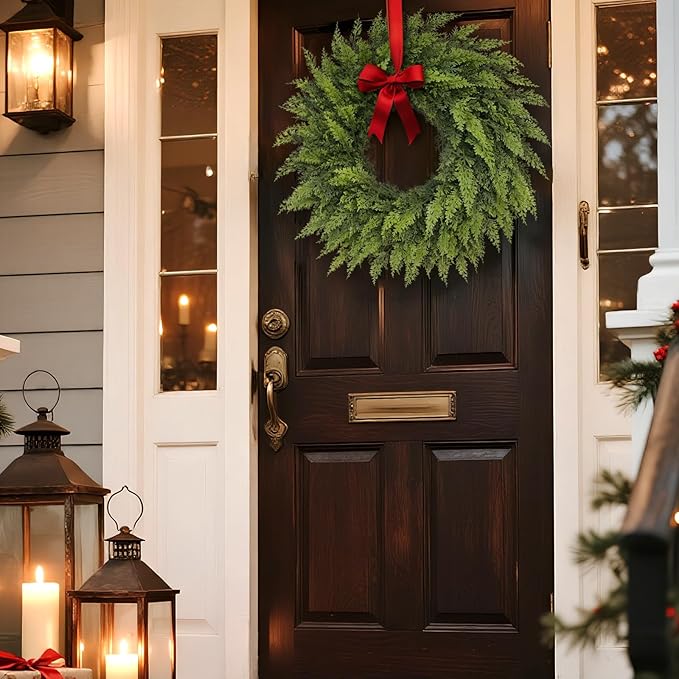 24" Real Touch Christmas Cedar Wreath - Artificial Cedar Wreaths Faux Green Fake Pine Needles Wreath for Front Door, Wall, Windows, Home,Outdoor,Xmas Decor