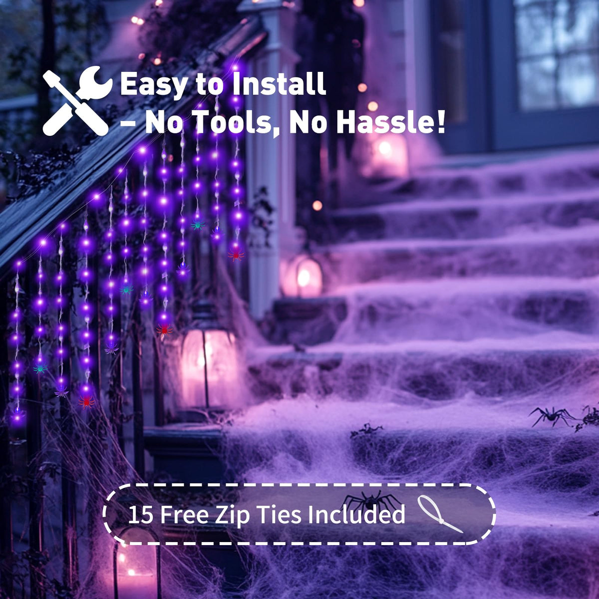Halloween Spider Curtain String Lights, 7.2Ft Halloween Decorations Indoor Outdoor with 12 Multicolor Spiders and 60 Purple LED Bulbs Fairy Lights for Window Porch Garden Party Décor, USB Operated