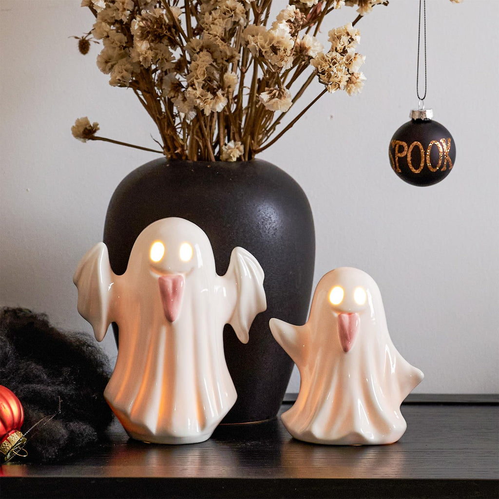 WDS WONDROUS Light Up Halloween Ghost Decorations Set of 2, Cute Ghost Figurines with Witch Hat Halloween Decor, Ceramic Ghosts Light for Indoor Fall Table Decor, Home Tiered Tray Fireplace