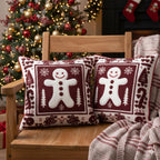 Christmas Throw Pillow Covers 18x18 Set of 2, Embroidered Gingerbread Man Cushion Covers with Snowflake Christmas Tree, Red White Holiday Decorative Pillow Cases for Sofa Couch Living Room Home Decor