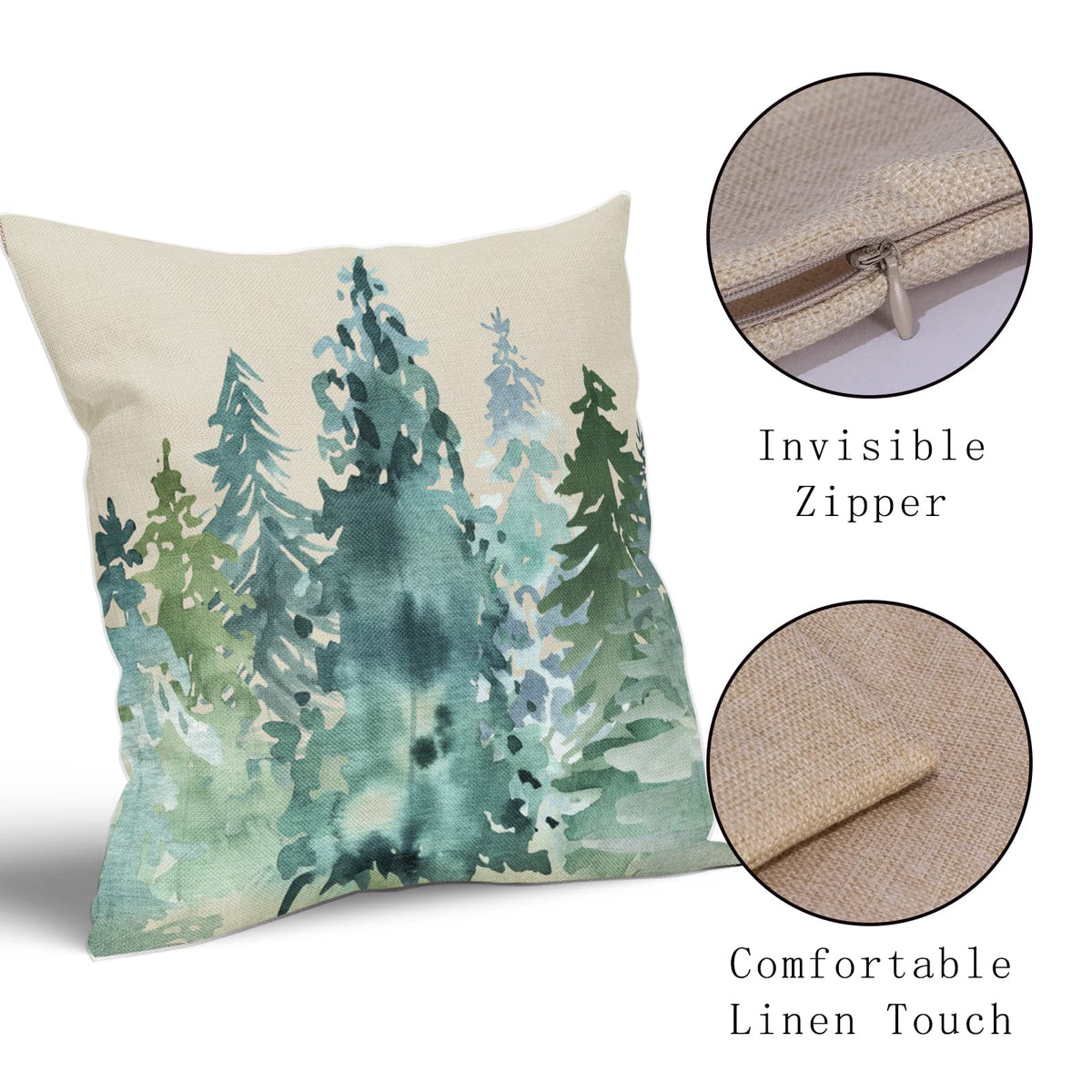 Winter Christmas Tree Pillow Covers 18x18 Set of 2 Blue Green Nature Forest Rustic Watercolor Style Print Decorative Throw Pillows Outdoor Square Linen Cushion Case Decor for Home Sofa Couch Bed