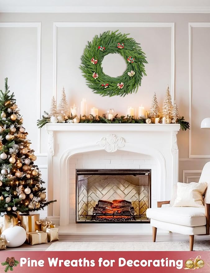 22 Inch Norfolk Pine Wreath - Christmas Wreaths for Front Door, Year-Round Real Touch Greenery Artificial Greenery Wreath for Walls, Windows, Porches, Farmhouse, Indoor/Outdoor Home Décor