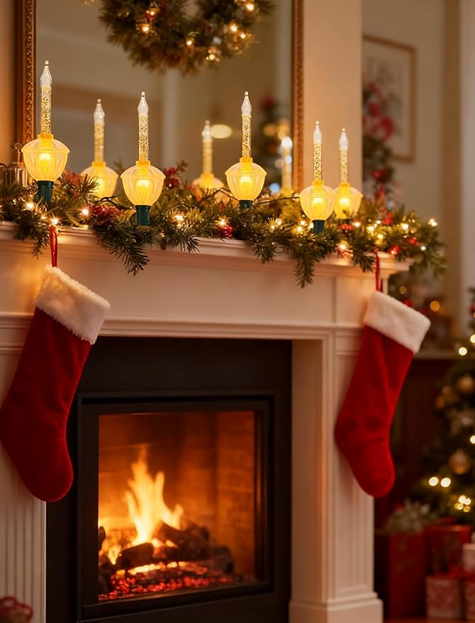 8.8Ft Vintage Christmas Bubble Lights, Outdoor Tree Lights with 10 Gold Glitter Bulbs, C7/E12 Candelabra Base, 5W String Lights with Gold Liquid Great for Indoor Xmas Celebrations Decorations