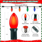 25FT C9 Christmas Lights Outdoor,Vintage Christmas Lights with 26 C9 Multicolor Shatterproof Plastic Bulbs,Connectable Multicolor LED String Light for Xmas Tree Roofline Indoor Outdoor Decor
