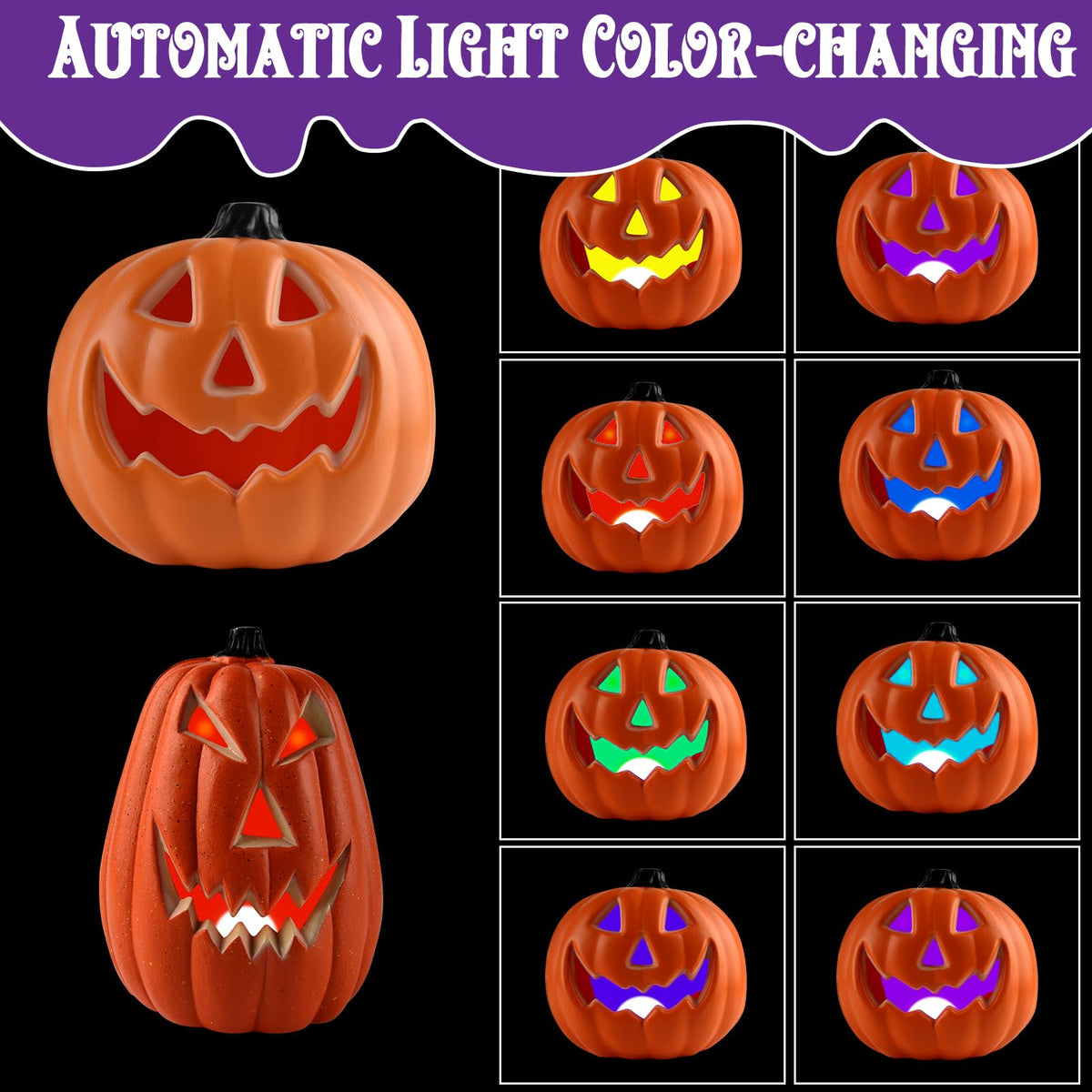 Halloween LED Jack-O-Lantern Lights with Purple Bat Hat, Color-Changing Pumpkin Decor Set of 3 Battery Operated Table Ornaments for Home Party Decor