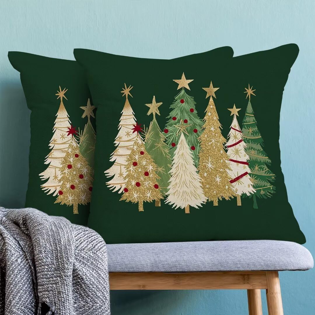 AEIOAE Christmas Pillow Covers 18 x 18 Inch Set of 2, Watercolor Green Christmas Tree Stars Decorative Throw Pillow Covers Winter Holiday Square Pillowcase for Home Sofa Living Room Outdoor Decor