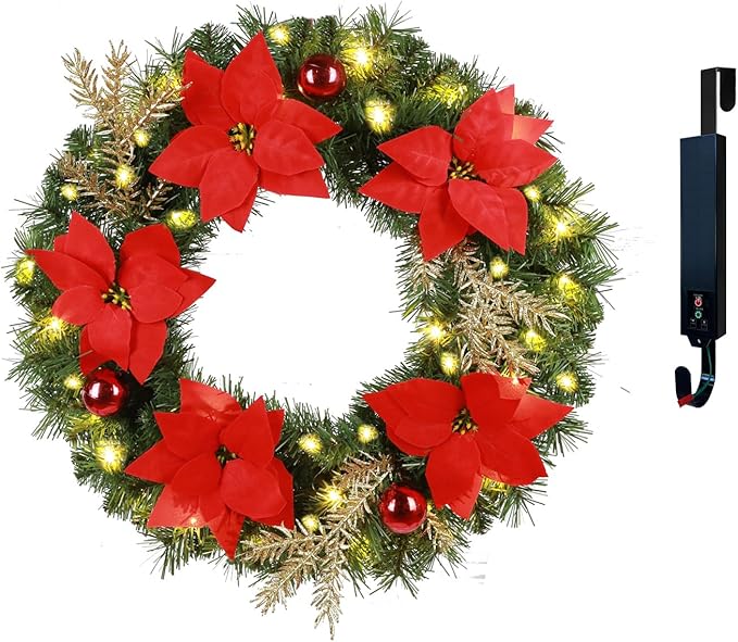 Solar Christmas Wreath 24 Inches Pre-Lit Solar 50 Led Artificial Lighted Wreath for Front Door Window Home Decor Outdoor Christmas Decor Poinsettias Golden Pine Branches Balls(2403)