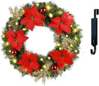 Solar Christmas Wreath 24 Inches Pre-Lit Solar 50 Led Artificial Lighted Wreath for Front Door Window Home Decor Outdoor Christmas Decor Poinsettias Golden Pine Branches Balls(2403)
