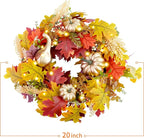 Fall Wreaths for Front Door,Sunflower Autumn Wreath with Lights,Pumpkins and Bows,for Thanksgiving Halloween Farmhouse Indoor Outdoor Outside (Golden Pumpkin)