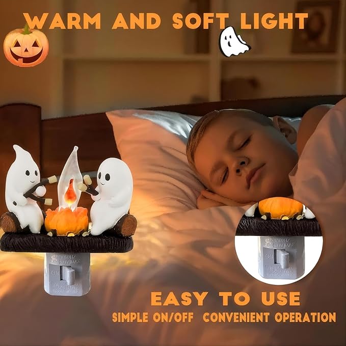 Ghost Campfire Nightlight,Halloween Campfire Flickering Night Light,3D Spooky Fire Marshmallow Night Light for Halloween Decor (Cute Ghost)