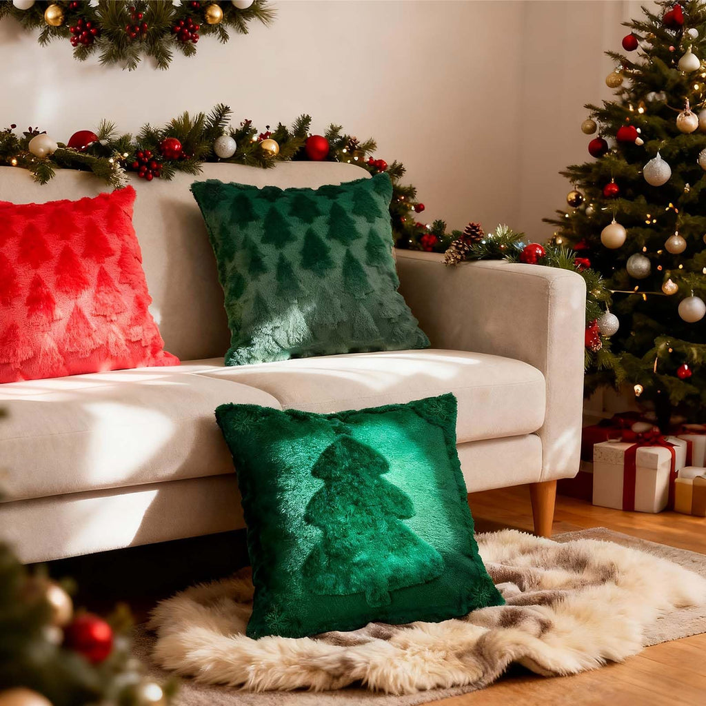 ONFAON Christmas Decorations - Christmas Pillow Covers 18x18 Inch Set of 2,Embroidered Xmas Tree Soft Plush Faux Fur Wool Throw Pillows Winter Holiday Decor for Sofa Living Room, Green
