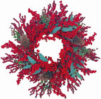 20 Inch Christmas Wreath for Front Door, Artificial Berry with Pinecone, Artificial Red Berry Flower Garlands, Used for Window, Wall, Porch, and Other Indoor and Out Door Home Decorations