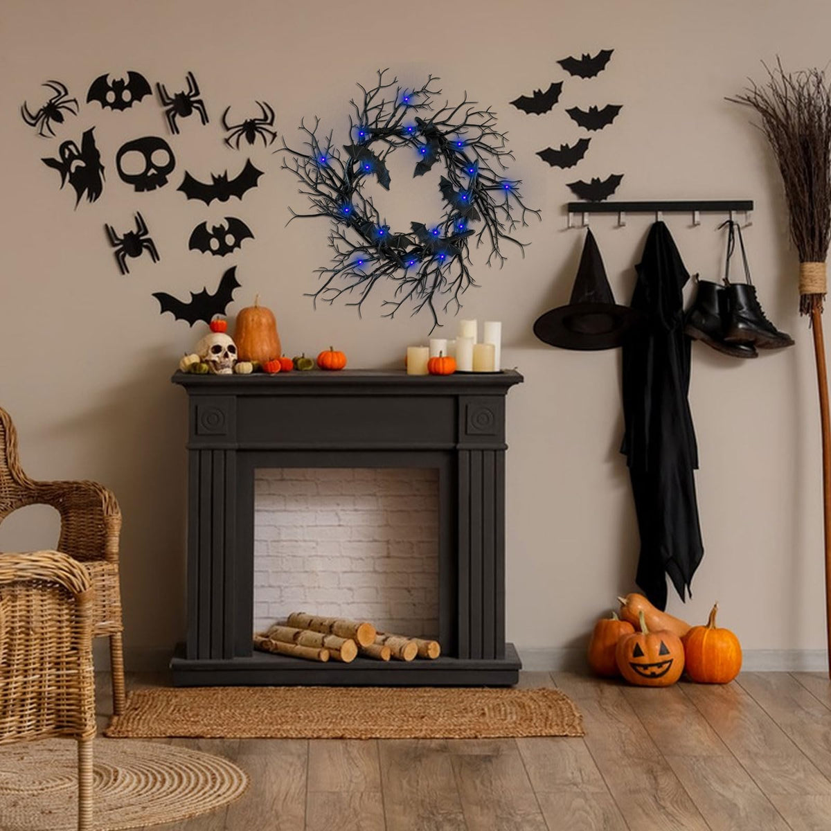 Artificial Halloween Black Branch Wreath with Bats,Handcrafted Halloween Horror Wreath Sparkling Hanging Decorations for Indoor Outdoor Party Window Wall Decor Farmhouse Garland Yard