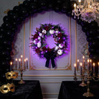HipTree 20 Inch Light Up Halloween Wreath for Front Door with Skulls Roses Pumpkins, Gothic Black Wreath with Purple LED Lights, Battery Operated Timer Spooky Fall Wreath for Indoor Outdoor Porch