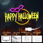 Gevbay Happy Halloween Neon Sign Bat LED Light Up for Bedroom Home Bar Halloween Decor Trick or Treat Party Backdrop USB Powered