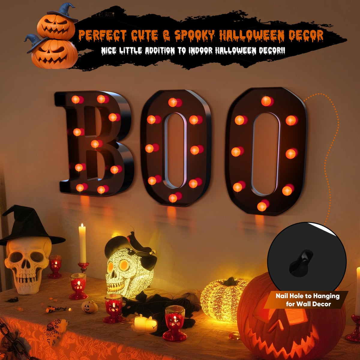 Halloween Decor,3 LED Light Up Marquee Letters Boo Sign,Cute Fall Halloween Decorations for Party,Tabletop,Mantel,Kitchen,Bathroom,Bedroom,Desk,Window,Porch,Office,Wall,Fireplace,Home,Indoor,Outdoor