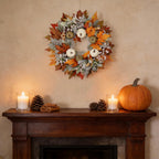 MAINGKAUNG Artificial Fall Wreath 22 Inch Fall Wreaths for Front Door with White Pumpkins Oeange Maple Leaves Lamb's Ear and Berries Autumn Wreath Thanksgiving Harvest Wreath for Festival Wall Porch