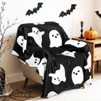 JarThenaAMCS Halloween Ghost Fuzzy Blanket Black White Cute Ghost Boo Throw Blanket Double-Sided Soft Cozy Flannel Blankets for Party Home Bed Sofa Couch, 50 x 60 Inch