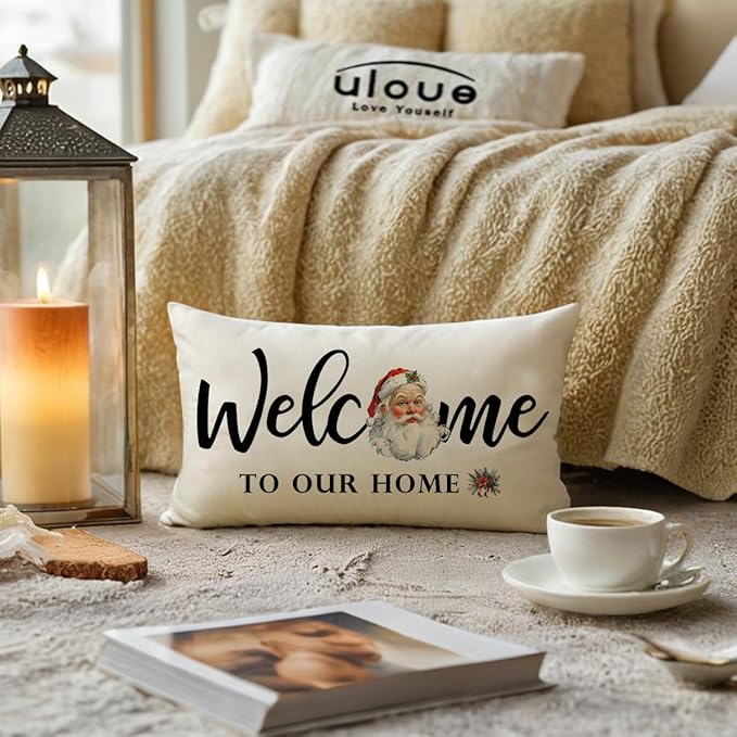 Christmas Welcome Throw Pillow Covers 12 x 20 Inch Farmhouse Seasonal Holiday Decorative Lumbar Pillowcases with Santa Claus Design Cushion Covers for Front Porch Decor (Red/White)