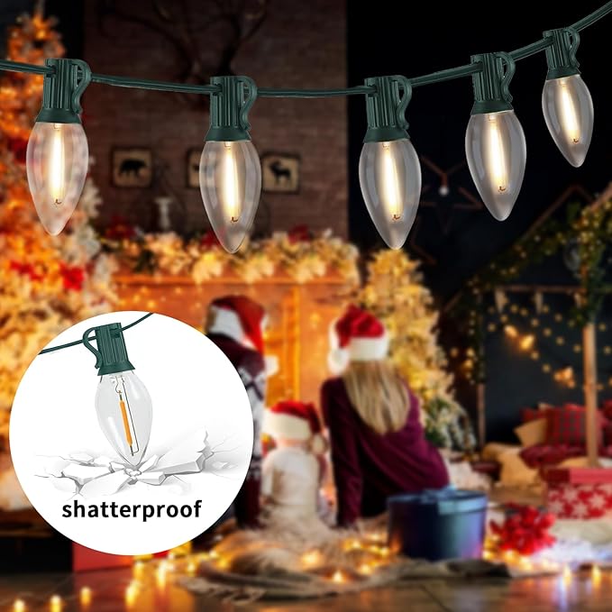 C9 LED Christmas Lights Outdoor 25FT, 25 Energy Efficient Warm White Vintage Bulbs, Connectable, Weatherproof for Roof, Xmas Tree, Porch, Yard, Patio, Holiday Decor - Green Wire