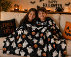 Halloween Fleece Throw Blanket: Jack O Lantern Pumpkins White Ghosts and Spiderwebs on Soft Black Velvet for Sofa, Couch, Chairs and Bed, 50" x 70"