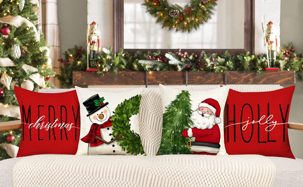 Red Christmas Pillow Covers 18x18 Set of 4 - Farmhouse Decorations With Snowman, Wreath, Santa Claus, Tree - Merry Christmas Holly Jolly Winter Holiday Decor Throw Cushion Case for Home Couch S22C17