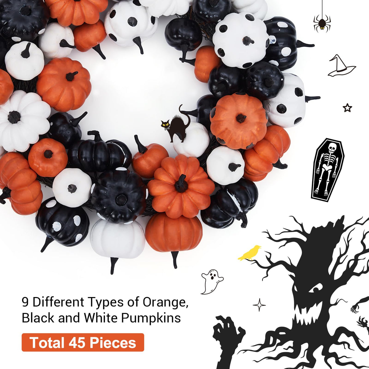 GarveeHome 18 Inch Halloween Fall Wreath for Front Door, Black Orange White Artificial Pumpkin Wreath for Fall and Halloween Indoor Outdoor Home Party Decor