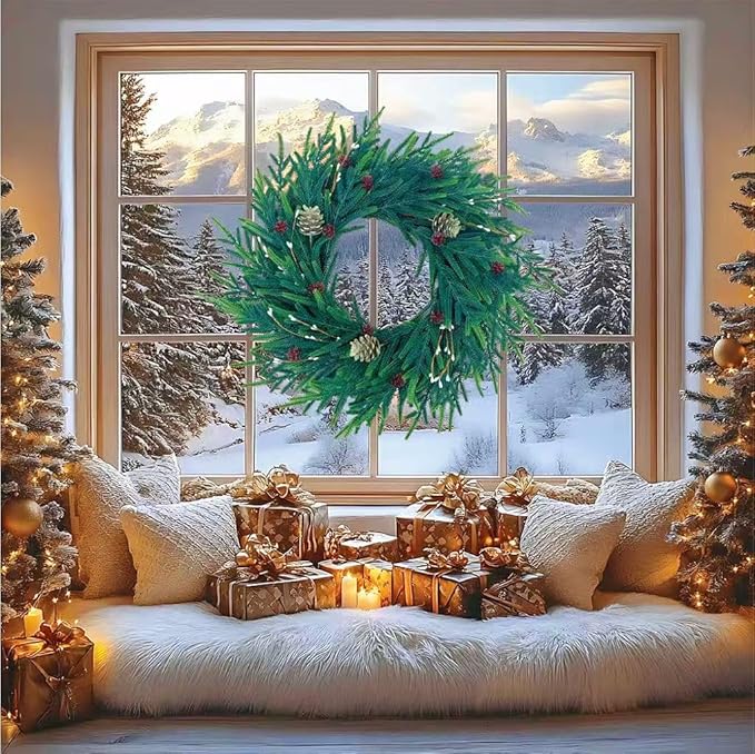 20 Inch Christmas Wreath for Front Door, Artificial Realistic Green Pine with Gold Pinecone, Door Wall Window Fireplace Party Decor