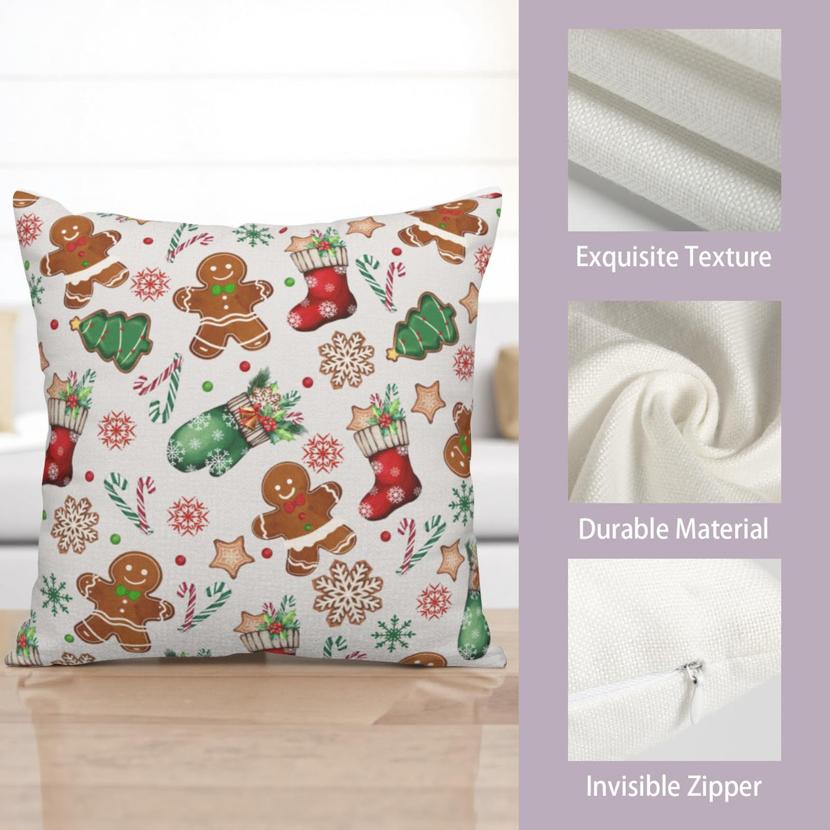 Kwlegh Christmas Pillow Covers 18x18 Set of 2 Gingerbread Man Throw Pillow Covers Xmas Tree Socks Gloves Snowflakes Pillow Case for Holiday Decor Couch Sofa