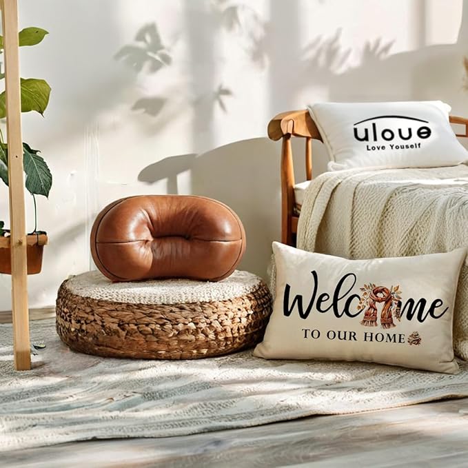 Fall Welcome Throw Pillow Covers 12 x 20 Inch Farmhouse Autumn Seasonal Holiday Decorative Lumbar Pillowcases Scarf Maple Leaves Cushion Covers for Front Porch Decor Housewarming Gifts (Brown)