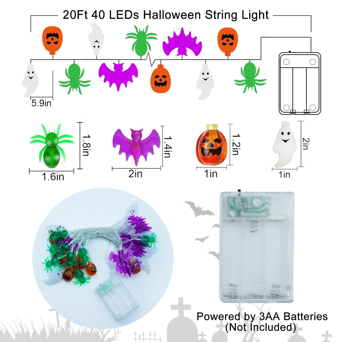 Halloween Lights Decorations, 20FT 40 LED 3D Pumpkin Bat Ghost Spider Battery Operated Halloween String Lights, Waterproof Twinkle Lights for Home Door Porch Indoor Outdoor Party Decor
